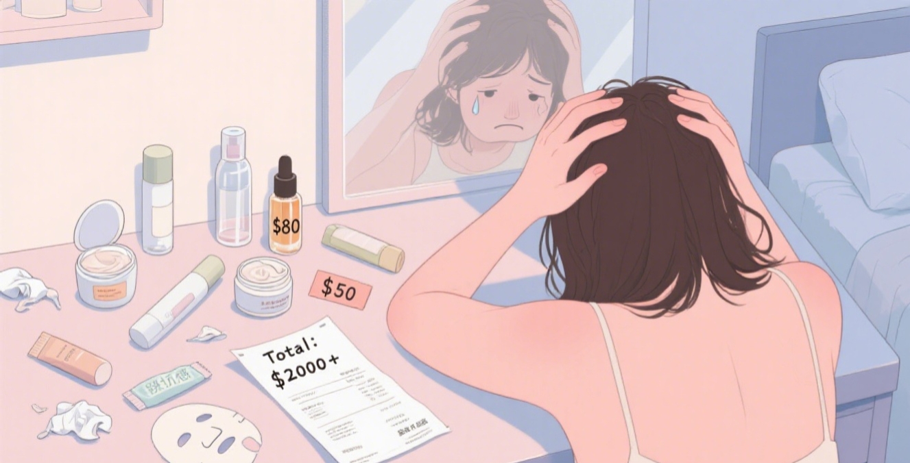 Scattered skincare products and frustrated user