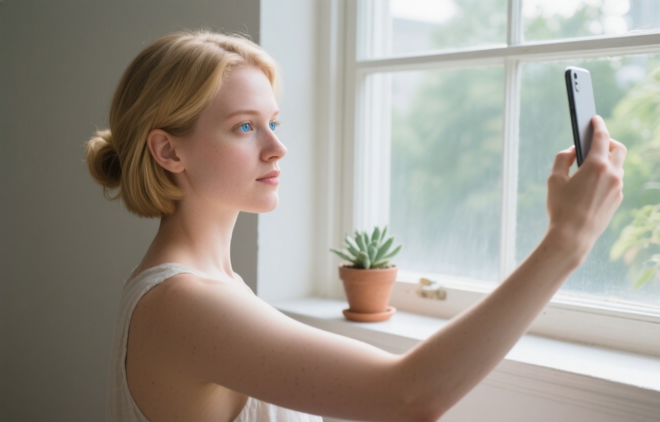 User taking a bare-faced selfie by the window